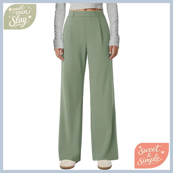 High Waisted Wide Leg Pull On Pants Stretchy Work Trousers with Pockets